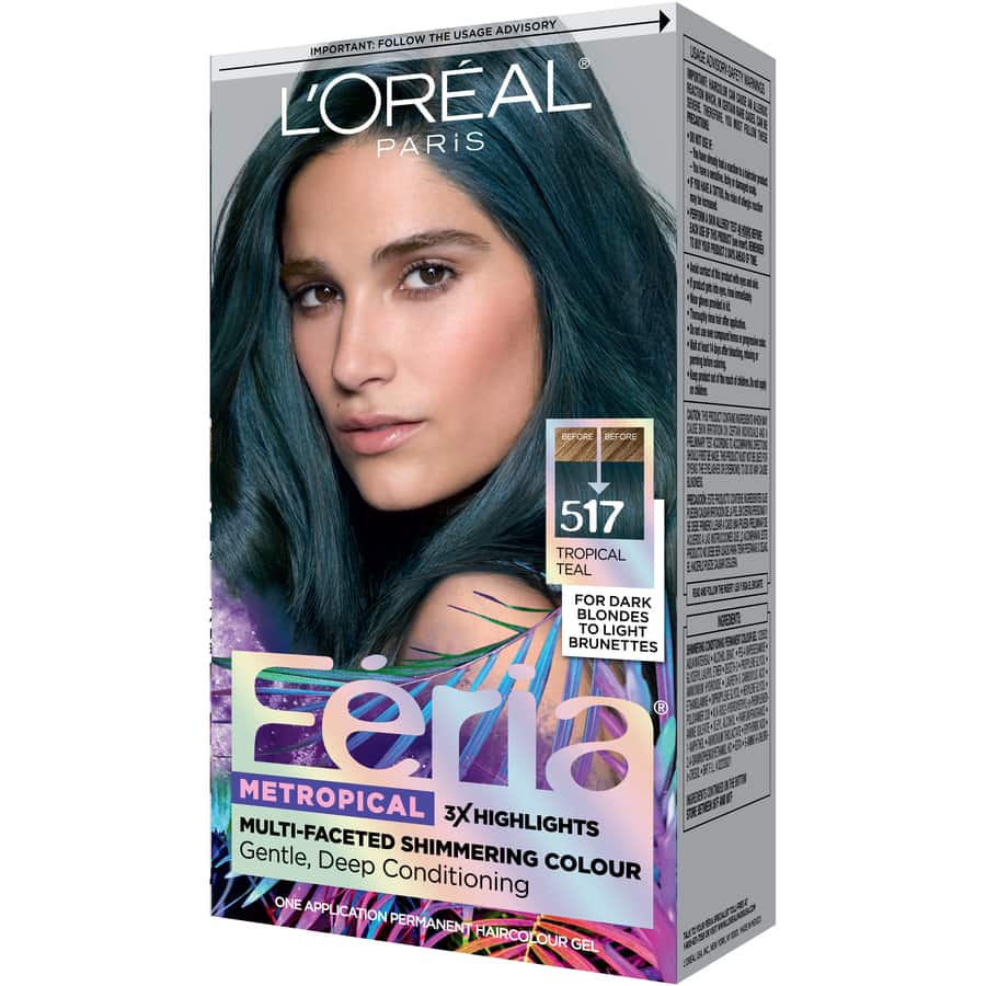 L'Oreal Paris Feria Multi-Faceted Shimmering Permanent Hair Color, 517 Tropical Teal, 1 kit