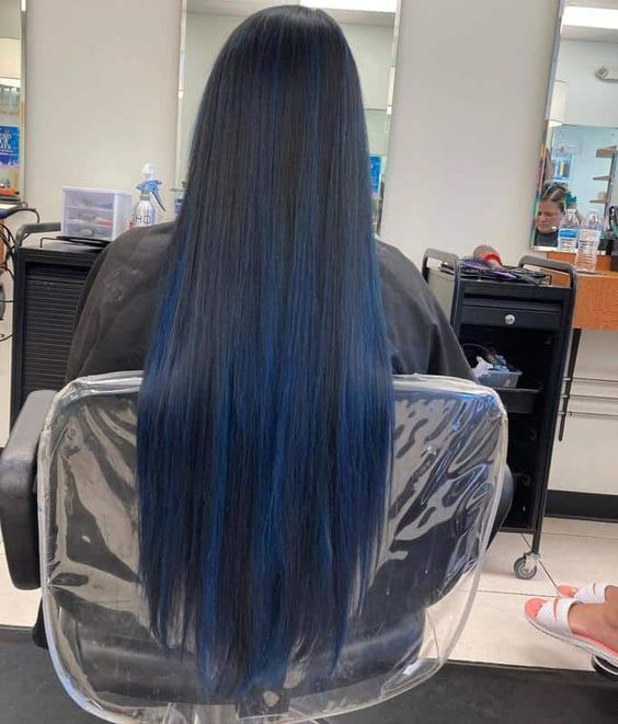 Blue Highlights on Dark V-Cut Hair